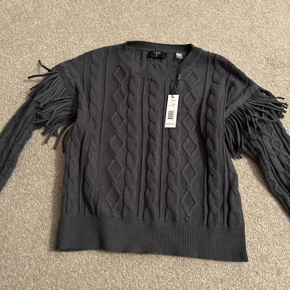 Hunter green sweater with fun fringe sleeve new with tags
